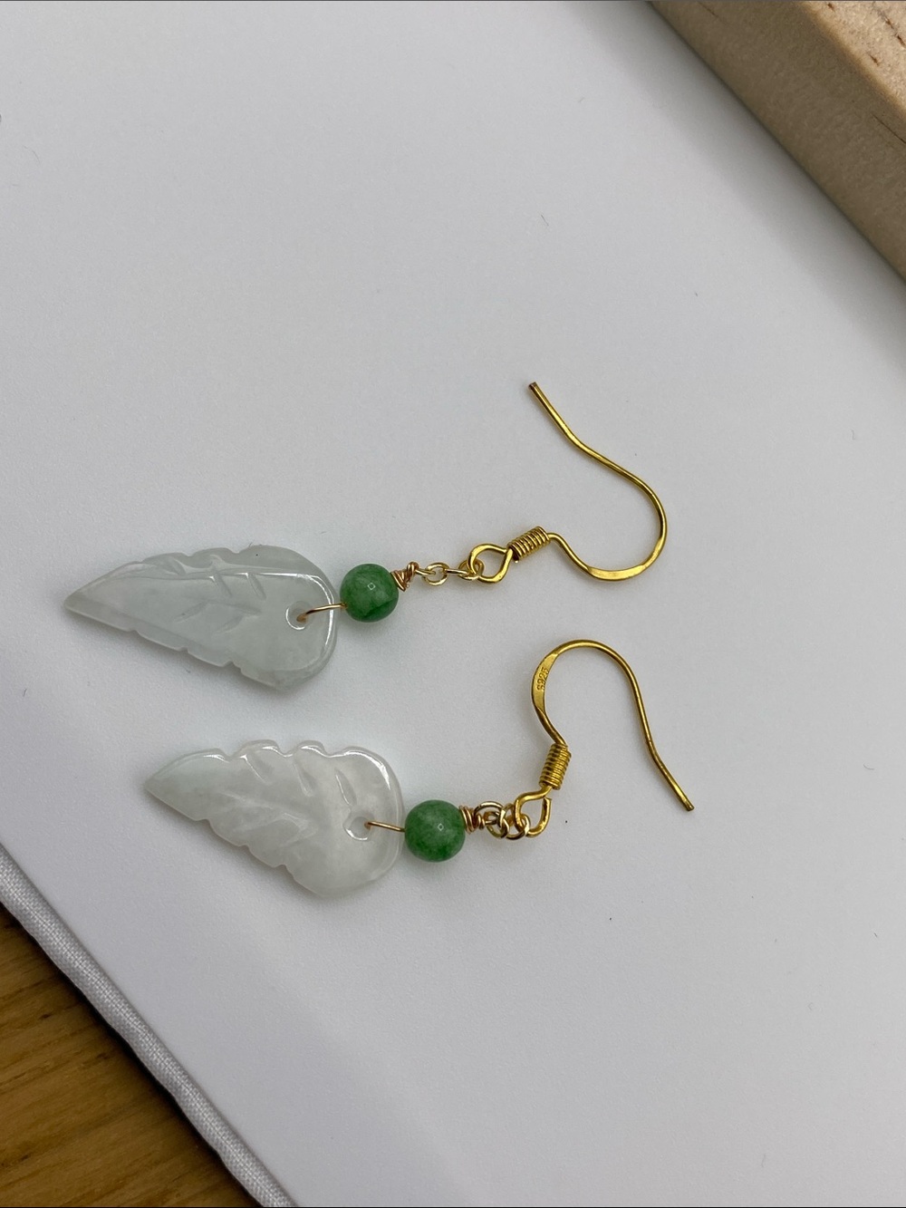 Green and White Leaf Drop Earrings - Gold Hook